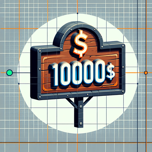 write 10000$ on a sign.
Single Game Texture. In-Game asset. 2d. Blank background. High contrast. No shadows.