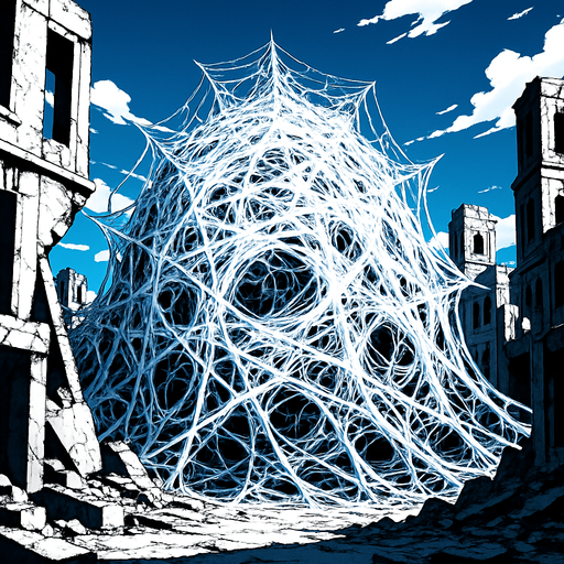 giant web nest at ruins of city
In-Game asset.  3d realistic cgi anime.  High contrast.  No shadows