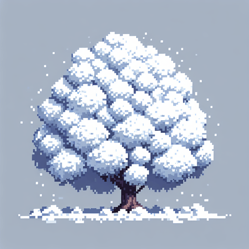 pixel art of a large tree covered in snow.
Single Game Texture. In-Game asset. 2d. Blank background. High contrast. No shadows.