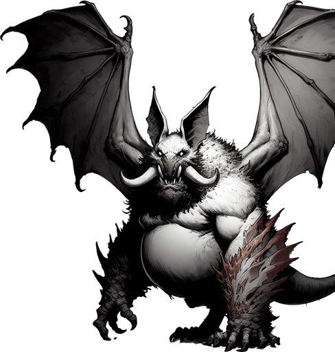 Create a monster that is half bat half ogre.
Single Game Texture. In-Game asset. 2d. Blank background. High contrast. No shadows.