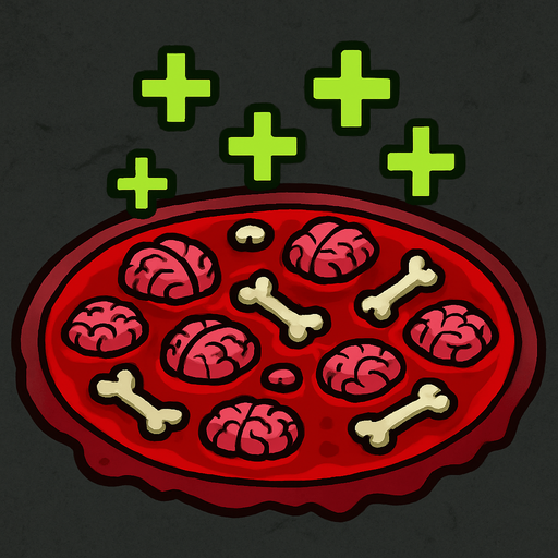 A healing blood pool with circular zombie brain and bone particles. Green + (healing) symbols on top. 2D..
In-Game asset.  2d.  High contrast.  No shadows