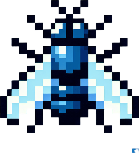 Simple side view of a pixel art fly on a sky blue background 
Single Game Texture. In-Game asset. 2d. Blank background. High contrast. No shadows.