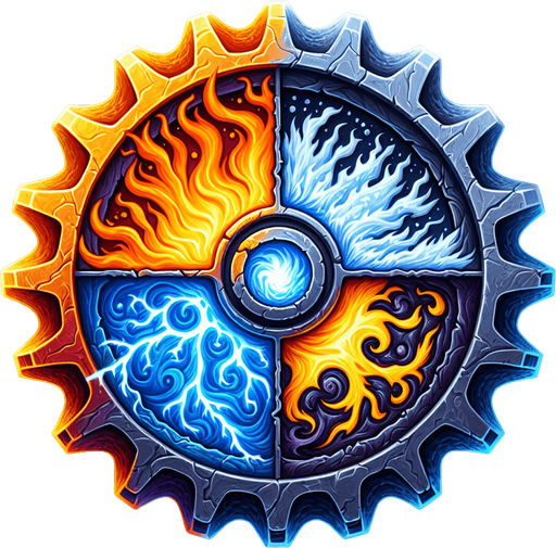 Elemental Gear Icon:
A gear made of multiple materials (fire, ice, lightning, and shadow) fused together, symbolizing crafting hybrid powers..
Colors: Vibrant orange, blue, yellow, and dark purple.