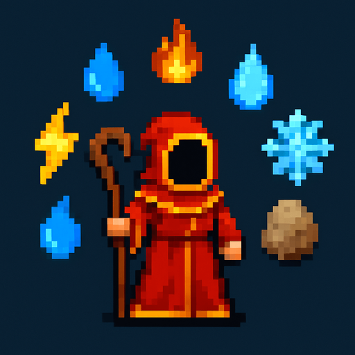 A pixel style magician from Magicka who has an arc around him of elements to be casted (fire, water, ice, rock, etc).
In-Game asset.  2d.  High contrast.  No shadows