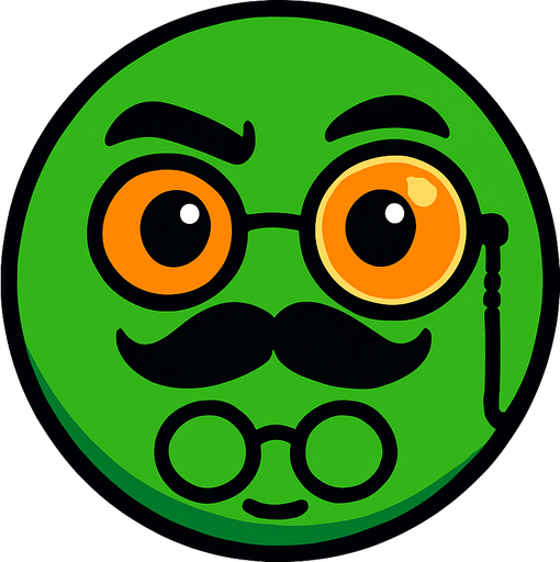 a green circle that is very smart and has a monocle and has orange eyes.
In-Game asset.  2d.  High contrast.  No shadows