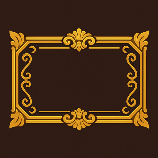 A horizontal rectangular Golden Frame design  
In-Game asset.  2d.  High contrast.  No shadows