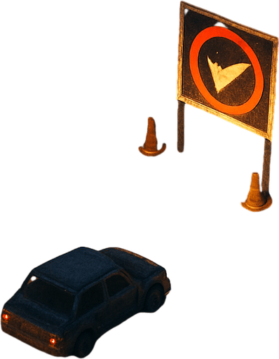 Checkpoint rally rod with dust in night, bird view