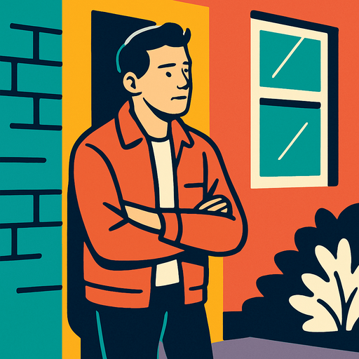 a man waiting outside.
In-Game asset.  2d.  High contrast.  No shadows