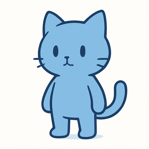 A simple blue cartoon cat standing upright, no accessories or effects, clean and minimal style, no musical notes or particles, not too stylish, designed as the main character for a rhythm game with a cold, minimal theme, light outlines and smooth shading, no background.
In-Game asset.  2d.  High contrast.  No shadows