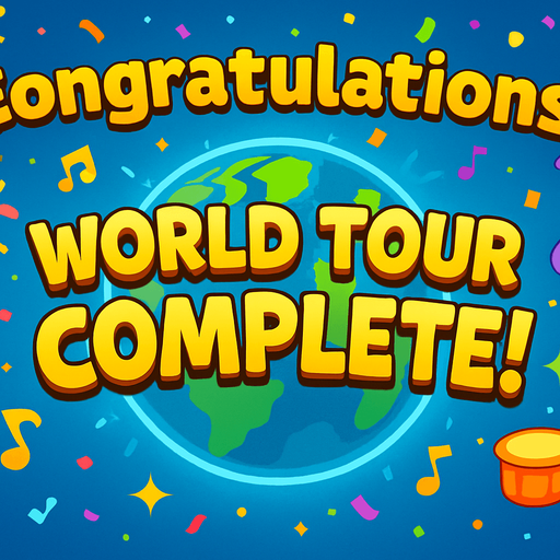 A bright and colorful 2D cartoon-style “Congratulations” screen for a mobile music game. The background should feature festive elements like fireworks, sparkles, confetti, and a glowing Earth or map. At the center, include a large golden text that says “World Tour Complete!” or “You’re a Sound Explorer Master!” in playful, bold font. The scene should feel rewarding and musical, with subtle music notes or instrument icons around the background. Export as a wide 1920x1080 PNG, with no UI buttons or overlays..
In-Game asset.  2d.  High contrast.  No shadows
