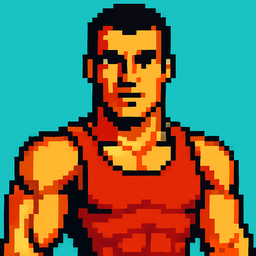 Hombre atlético mirando a la cámara pixel art.
In-Game asset.  2d.  High contrast.  No shadows