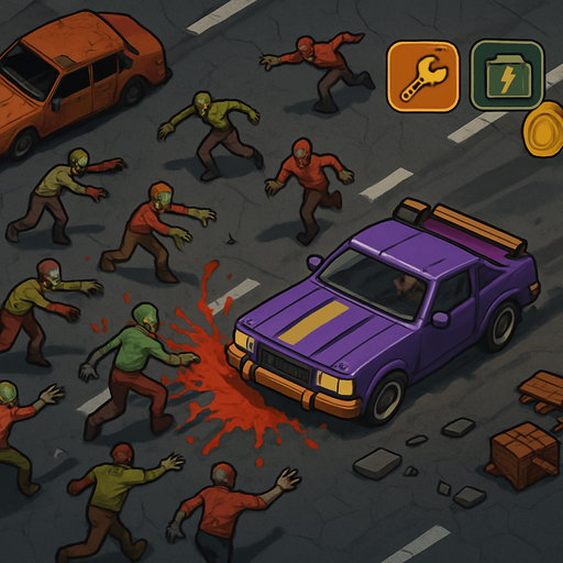 Fullscreen modern App Store landscape banner, 16:9, high definition, for a game titled "Zombie Highway Survivor" and with the description "Drive through zombie-filled highways, collect upgrades, and customize your car to survive as long as possible in this intense top-down survival game.". No text on banner!