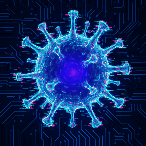 topdown view, glitchy digital virus, distorted edges, purple-blue core, semi-transparent parts, digital glitch effect around edges, ethereal appearance, fits motherboard environment, vectorel draw.
In-Game asset.  2d.  High contrast.  No shadows