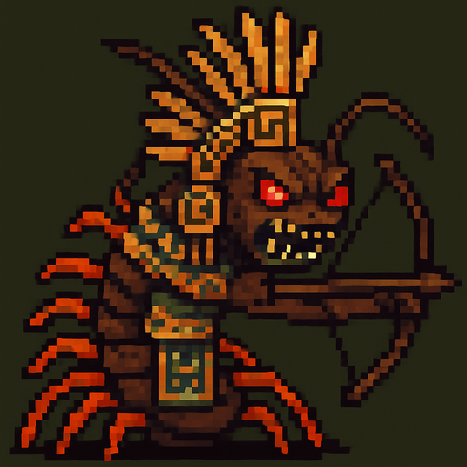 Genérame una Ciempies gigante amazonico guerrero azteca con eso patrones, estilo pixelar, con una apariencia maligna, ojos rojos, rabioso. Unidad a distancia, con un arco o cerbatana. Animal.
In-Game asset.  2d.  High contrast.  No shadows
