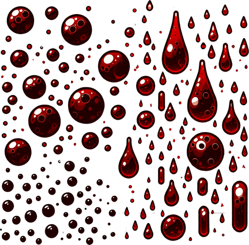 Many blood drop.
Single Game Texture.  In-Game asset.  2d.  Blank background.  High contrast.  No shadows. 3d