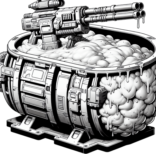 Intergalactic tub of congealed lard armed with integrated Gatling guns.
Single Game Texture. In-Game asset. 2d. Blank background. High contrast. No shadows.