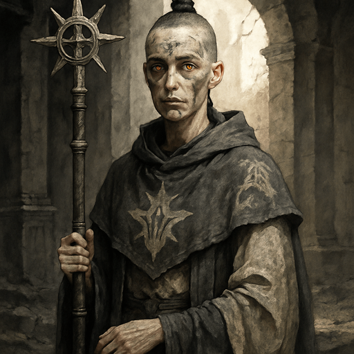 A solemn female cleric in soot-gray robes adorned with ash motifs and sun-bleached fabric. 39 years old, with a thin, gaunt frame, shaved head except for a braided black topknot, pale skin, and glowing amber eyes. Ash marks are smeared across her face in ritual patterns. Holding a prayer staff made of burned oak and silver. She stands in a scorched temple, sunlight breaking through cracked stone. Realistic, highly detailed, sacred atmosphere. realistic.
In-Game asset.  2d.  High contrast.  No shadows
