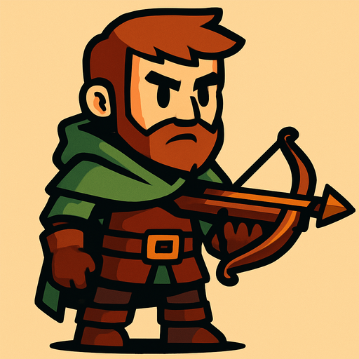 Create a game character with a crossbow in hand.
In-Game asset.  2d.  High contrast.  No shadows