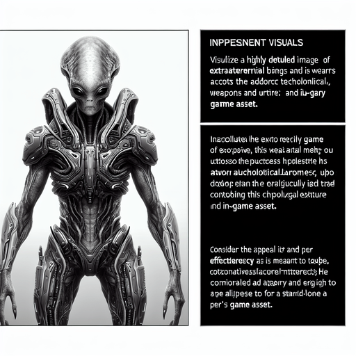An alien with high tec weaponry and armory.
Single Game Texture.  In-Game asset.  2d.  Blank background.  High contrast