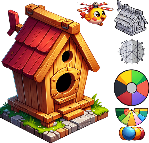 Make a cartoon-style birdhouse obstacle for a helicopter game. The birdhouse should have a wood texture, a circular hole, a tiny roof, and bright colors. Optionally add a little cartoon bird peeking out..
Single Game Texture.  In-Game asset.  2d.  Blank background.  High contrast.  No shadows
