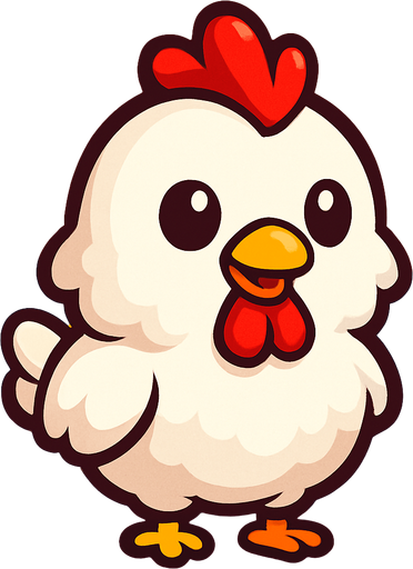 “A cute cartoon-style chicken character designed for a mobile game. White fluffy feathers, red comb and wattle, small yellow beak, round black eyes, tiny orange feet, standing upright with a cheerful expression. Colorful, simple background. High-quality digital illustration, ideal for a fun kids game.”.
In-Game asset.  2d.  High contrast.  No shadows. cartoon style