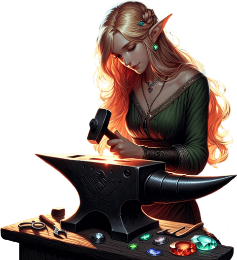 A blonde elf with long hair and a serious expression, working at an anvil in the center of the screen. The scene takes place in a magical forge inside a forest cabin, with a glowing hearth in the background. The elf is surrounded by blue, green, and red crystals, adding an enchanting atmosphere to the room. The warm glow of the fire and the shimmering crystals illuminate the elf's focused face and her skilled work..
Single Game Texture.  In-Game asset.  2d.  Blank background.  High contrast.  No shadows. pixel art