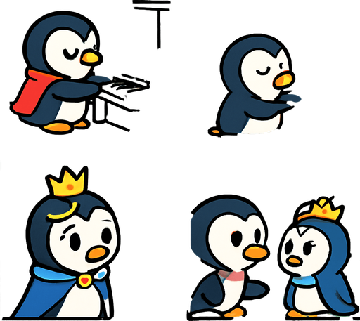 4-panel comic strip, no text, cute cartoon style, bright colors, black outlines.
Characters: Penguin Hero (small, determined) + Penguin Princess (elegant, crown) + Village Penguins
Central Theme: Music connects hearts, piano mastery wins love. Story: Hero finds his true musical voice and inner strength

Panel 1: Hero alone with piano, plays from his heart instead of trying to impress
Panel 2: Beautiful, unique music flows from him, notes shimmer with emotion
Panel 3: Princess secretly listens from distance, moved by his genuine music
Panel 4: Hero realizes music should come from the heart, not ego. 
In-Game asset.  2d.  High contrast.  No shadows