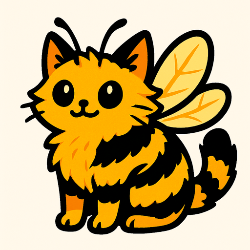 Chat (animal) a la fourrure couleur abeille et avec des ailes.
In-Game asset.  2d.  High contrast.  No shadows