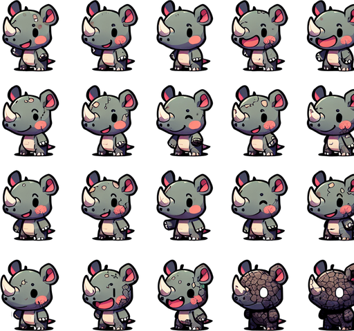 A spritesheet with a number of poses of an happy little rhino with a sun scorch, smiling, walking, waiting, standing, ordering, turning, etc. all seen from the side.The spritesheet should be laid out in a rectangular grid with clear space between each individual sprite. Each sprite in the sheet should be around 300x600 pixels in size..
Single Game Texture. In-Game asset. 2d. Blank background. High contrast. No shadows.