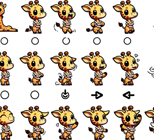 A spritesheet with a number of poses of a cartoonish giraffe with a seashell necklace, smiling, walking, waiting, standing, ordering, turning, etc. all seen from the side.The spritesheet should be laid out in a rectangular grid with clear space between each individual sprite. Each sprite in the sheet should be around 300x600 pixels in size..
Single Game Texture. In-Game asset. 2d. Blank background. High contrast. No shadows.