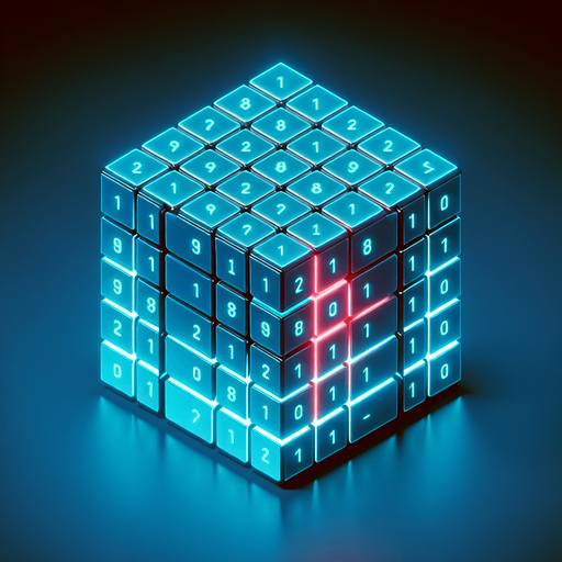 Create an isometric 3D holographic cube resembling a Rubik's cube. The cube should display the top face and two adjacent side faces, each divided into a 3x3 grid of cells. Each cell must contain either a '1' or a '0' in a glowing cyan-blue monospace font, clearly visible on all three visible faces. A few specific cells across the cube should stand out with their binary digits ('1' or '0') highlighted in bright red. The entire cube should have a holographic look, with glowing gridlines separating the cells and a subtle flicker effect. Ensure the cube appears suspended in mid-air, projecting from a base below, with soft lighting and a sci-fi ambiance..
Single Game Texture. In-Game asset. 2d. Blank background. High contrast. No shadows.
