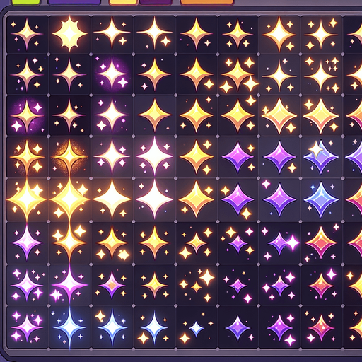 A sprite sheet of different color sparkles. Include gold and purple color.
Single Game Texture. In-Game asset. 2d. Blank background. High contrast. No shadows.