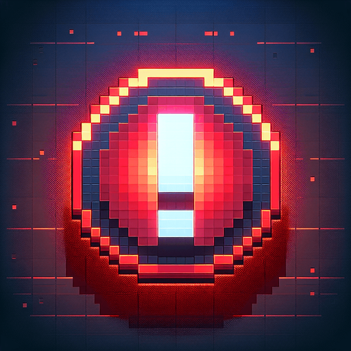8-bit pixelated red round LED circle with a large exclamation sign indented in the center.
Single Game Texture. In-Game asset. 2d. Blank background. High contrast. No shadows.