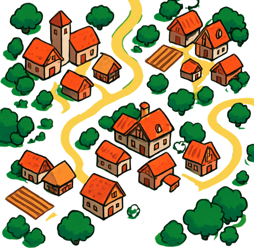 Aldeas, ocupar toda la imagen, visto desde arriba.
In-Game asset.  2d.  High contrast.  No shadows