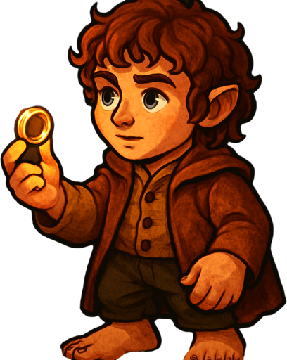 A stylized full-body illustration of a small hobbit holding a glowing ring in one hand, viewed from a 45-degree angle. The hobbit has curly hair, bare feet, and wears rustic, earth-toned clothing with detailed textures. The scene has warm, soft lighting emphasizing the character’s expressive face and the shining ring. The art style is cartoonish with rich colors, smooth shading, and a fantasy atmosphere..
In-Game asset.  2d.  High contrast.  No shadows