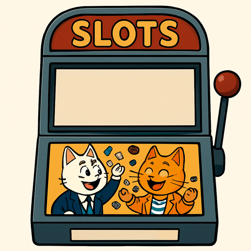 An electronic slots machine with the word Slots at the top. The section where the reels should be is a big empty rectangular window, no background. Underneath that window have a smaller graphic of the cats from this picture throwing chips into the air as a picture on the face of the slots machine. Like they’ve won a jackpot. Include the part where the buttons are, but have that part blank with no buttons. Background behind the image is white.