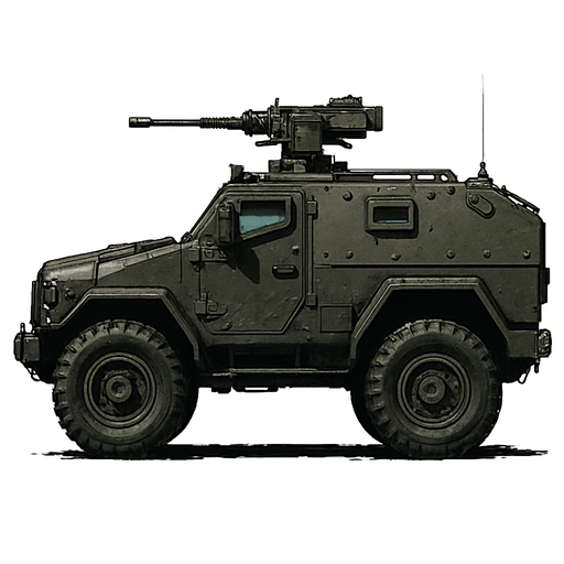Zırhlı savaş arabası, gerçekçi, yazısız, yandan görümüm.
In-Game asset.  High contrast.  No shadows