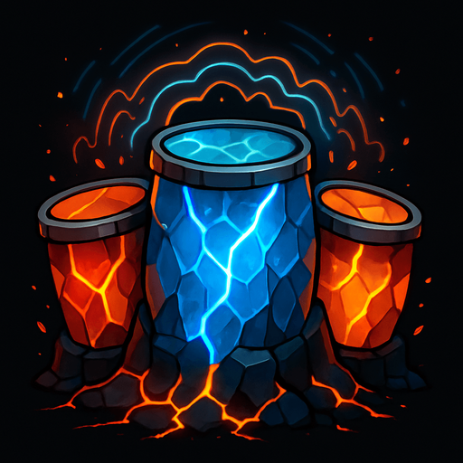 Una estructura imponente, como una batería gigante, con tambores hechos de cristales vibrantes o rocas volcánicas incandescentes. Podría tener vetas de energía luminosa (magma, hielo o electricidad) recorriendo su superficie, y un aura de pulsaciones rítmicas visibles. La base podría estar agrietada por la energía que emana..
In-Game asset.  2d.  High contrast.  No shadows