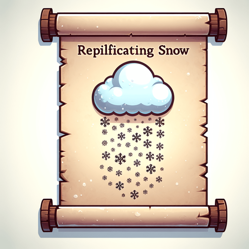a pergament letter with the name "Replicating Snow". It has a cloud with replicating snowflakes on it. vertical. Single Game Texture. In-Game asset. 2d. Blank background. High contrast. No shadows.