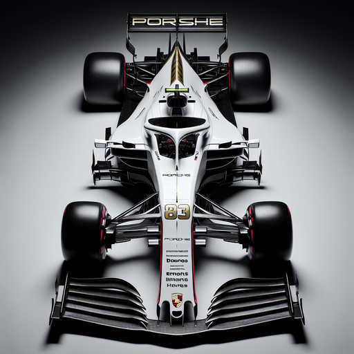 Photorealistic Porsche F1 race car, top view. 
Golden logo on car nose.
White body with black rear and front wing.
Very thick red lines on body from front wing to rear wing. 
Replace Porsche text to white coloured ,,Porshe" text on rear wing.