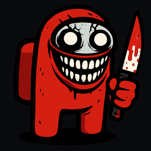 The red color in the game Among us creates the character in an extremely scary way, the glass of the astronaut suit is broken, his eyes are white, his mouth is so long that it touches his ears when he smiles, and he has a bloody knife in his hand..
In-Game asset.  2d.  High contrast.  No shadows