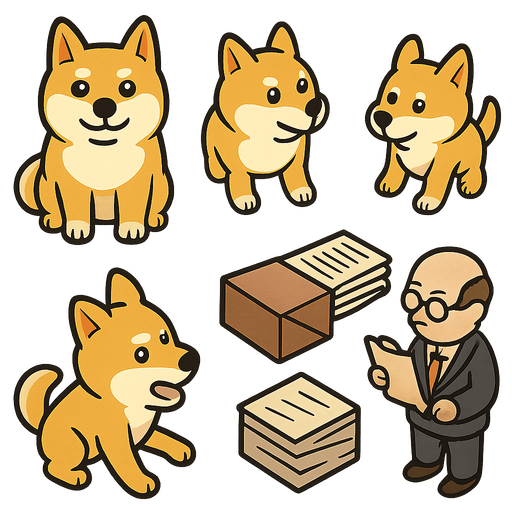 Okay, here's a prompt designed for an AI image generator (like Midjourney, Stable Diffusion, DALL-E 2/3, etc.) to create a concept asset sheet for "DOGE vs. Bureaucracy". Remember that AI generators might need refinement or multiple attempts, and you might have to cut out and arrange the final assets yourself.
Prompt:
"Create a 2D game asset sprite sheet for a humorous, top-down hero defense game called 'DOGE vs. Bureaucracy'. The art style should be clean, cartoonish, slightly exaggerated, and meme-inspired, capturing the absurdity of office bureaucracy. All assets should be viewed from a top-down perspective, have clearly defined outlines, be suitable for a casual game, share a reasonably consistent scale, and be arranged neatly in a grid on a plain white or transparent background.
The sprite sheet should include concepts for the following assets:
1. Hero - DOGE (Shiba Inu):
* Idle state (classic Doge expression).
* Walking state (simple 2-frame cycle concept is fine).
* Basic Attack.
In-Game asset.  2d.  High contrast.  No shadows