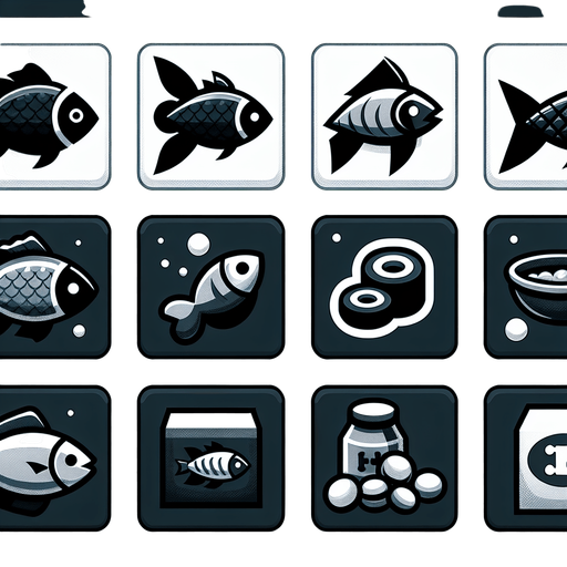 набор иконок в одном стиле. Иконка рыбы и корма для нее.
Single Game Texture.  In-Game asset.  2d.  Blank background.  High contrast