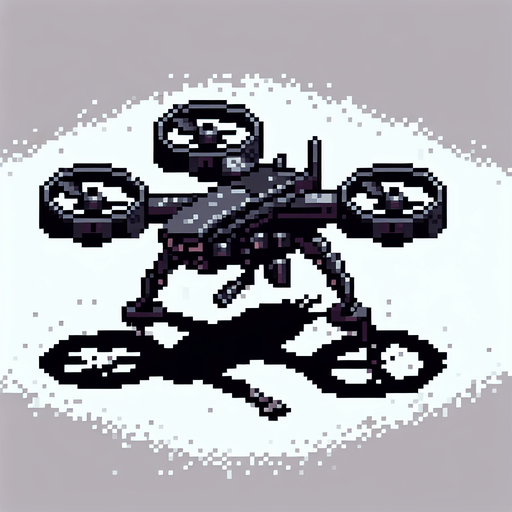 front image a 8 bit battle enemy black scifi quadcopter  drone.
Single Game Texture.  In-Game asset.  2d.  Blank background.  High contrast.  No shadows