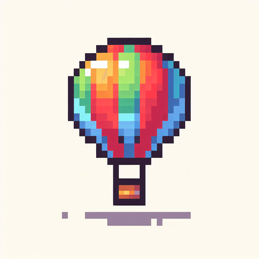 hot air balloon with simple pixel art.
Single Game Texture. In-Game asset. 2d. Blank background. High contrast. No shadows.