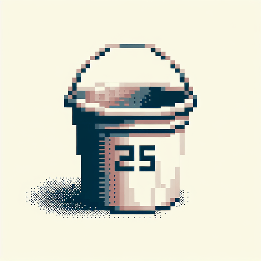bucket with 25 text on it. front view. Single Game Texture. In-Game asset. 2d. Blank background. High contrast. No shadows. pixel. 8 bit