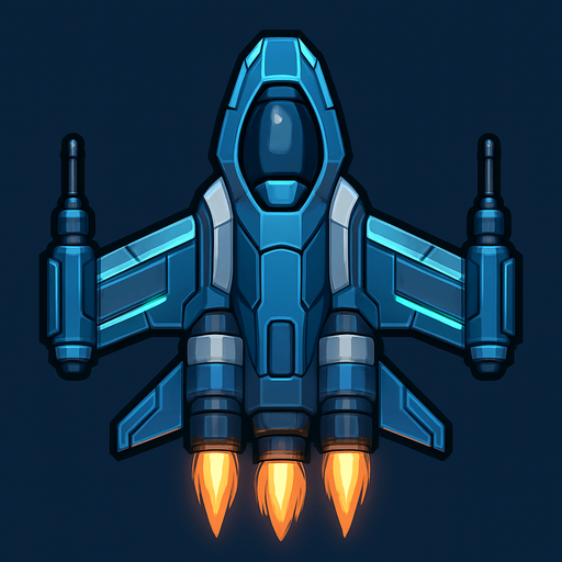 Upgrade the Level 1 ship into a more capable 2D top-down design. Add wing extensions with subtle glowing lines, a larger engine section with animated thrusters, and two visible weapon hardpoints. Add more color variation (blues, steel, light glow effects) to indicate progress and increased power..
In-Game asset.  2d.  High contrast.  No shadows