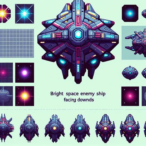 Alien Space enemy ship facing down
2D art, game texture, blank background. Sprite sheet asset.
Design Guideline: The game's style is bright, high-quality vector graphics with sharp, clean lines and a modern aesthetic. Colors should be vivid and contrast well, emphasizing a futuristic, sleek feel. Textures are minimalistic, focusing on flat surfaces with subtle gradients for depth. Lighting effects are dynamic yet soft, enhancing the vibrancy without overpowering. Assets should look consistent, fitting a coherent, tech-savvy universe. Think 'sophisticated simplicity' for a futuristic, engaging spaceship game.