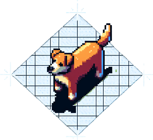 top down view of a pixel art dog.
Single Game Texture.  In-Game asset.  2d.  Blank background.  High contrast.  No shadows