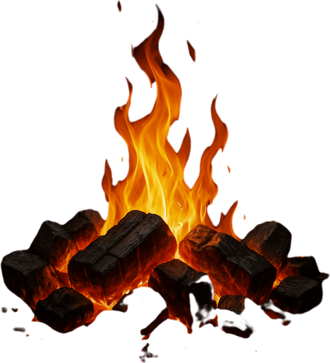 Brasas con llama, algo realista.
In-Game asset.  2d.  High contrast.  No shadows